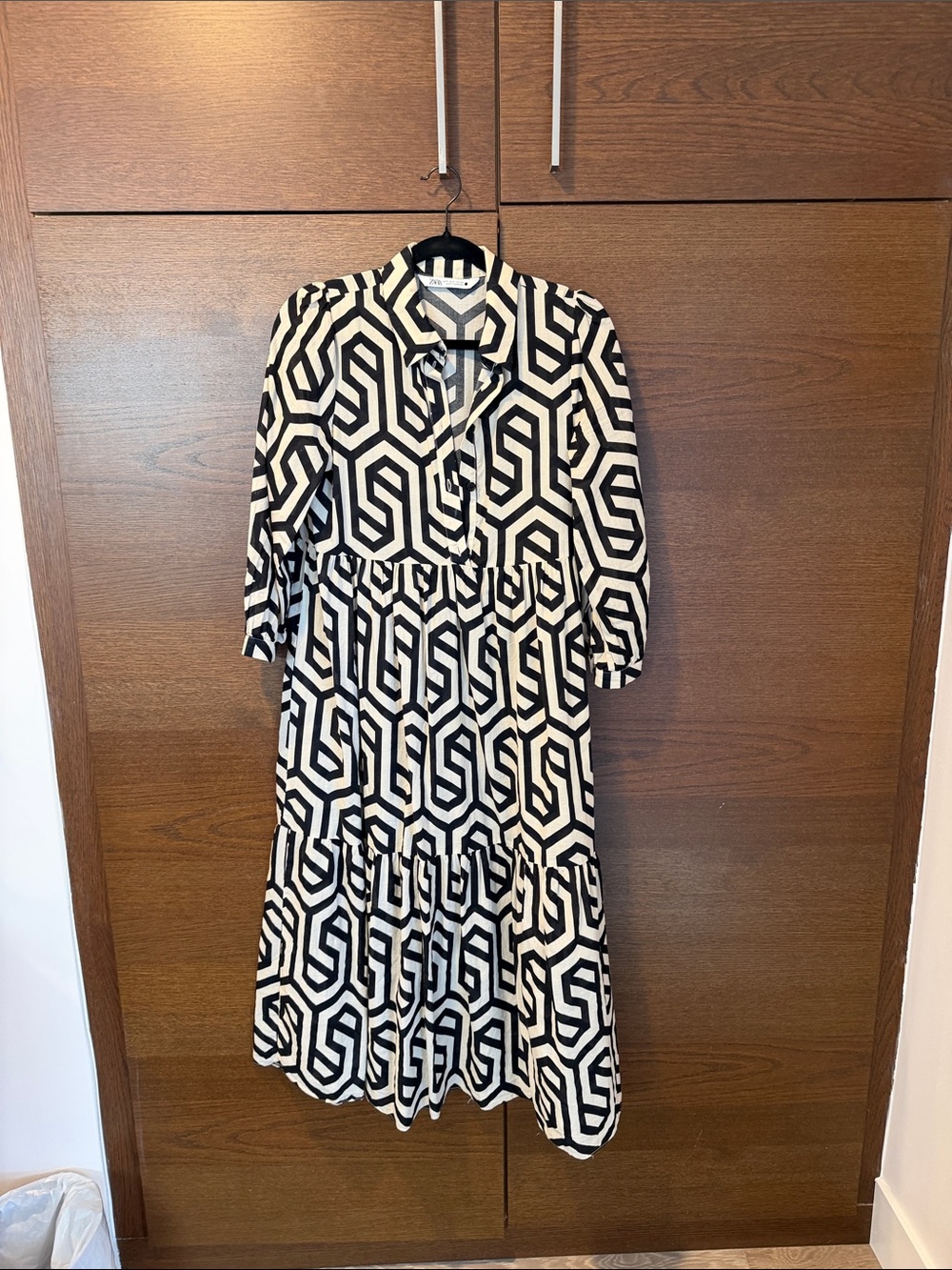 Zara Black and White Geometric Tiered Midi Dress